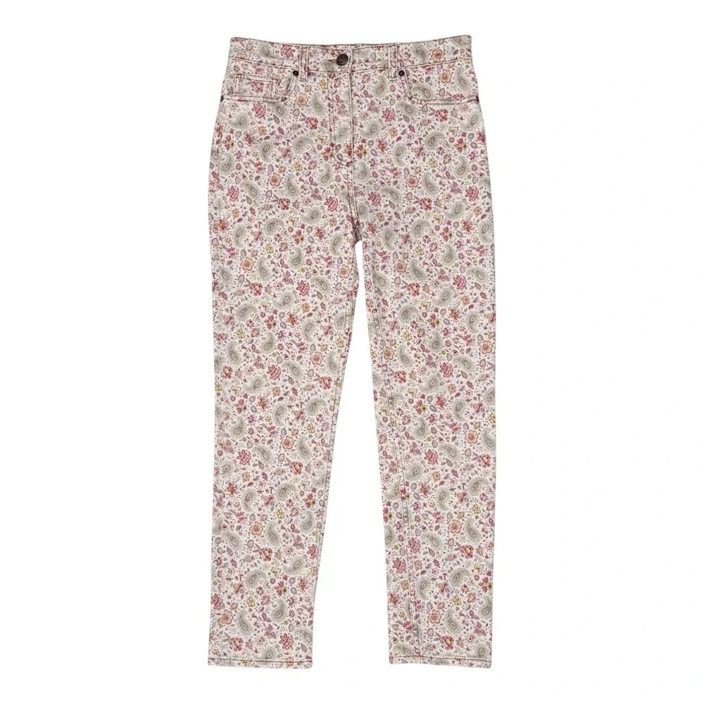 Etro Milano Womens Paisley Floral Print‎ Straight Leg Jeans White Pink Size 29